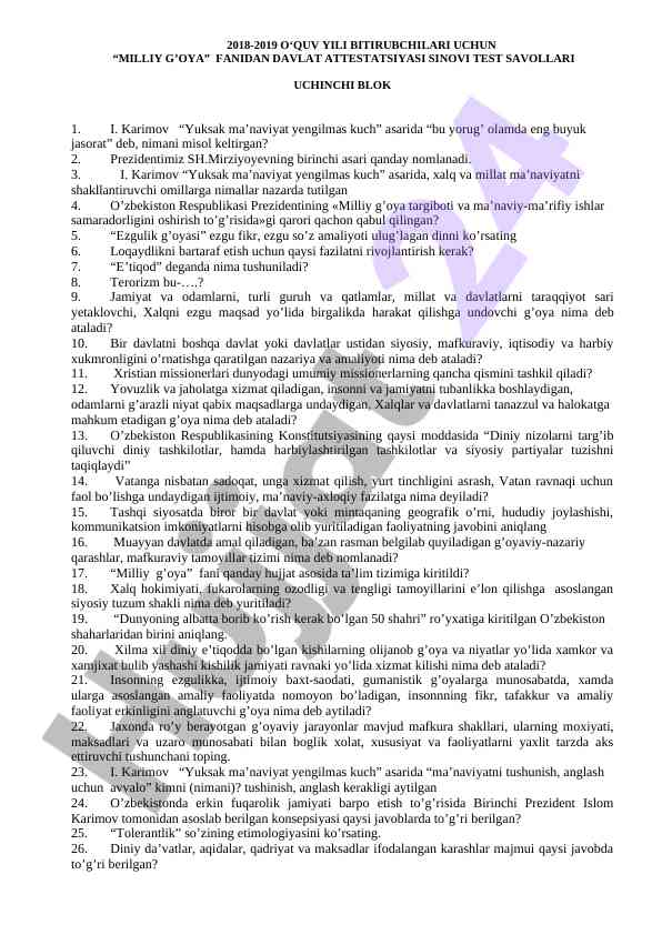 Milliy g‘oya fanidan davlat attestatsiyasi test savollari