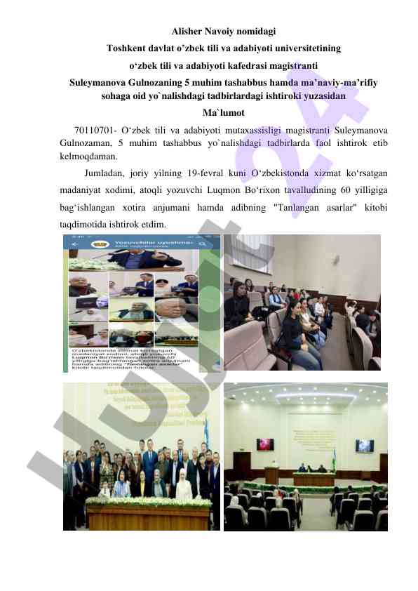 Ma'lumot o‘zbekiston madaniyati va adabiyoti tadbirlari