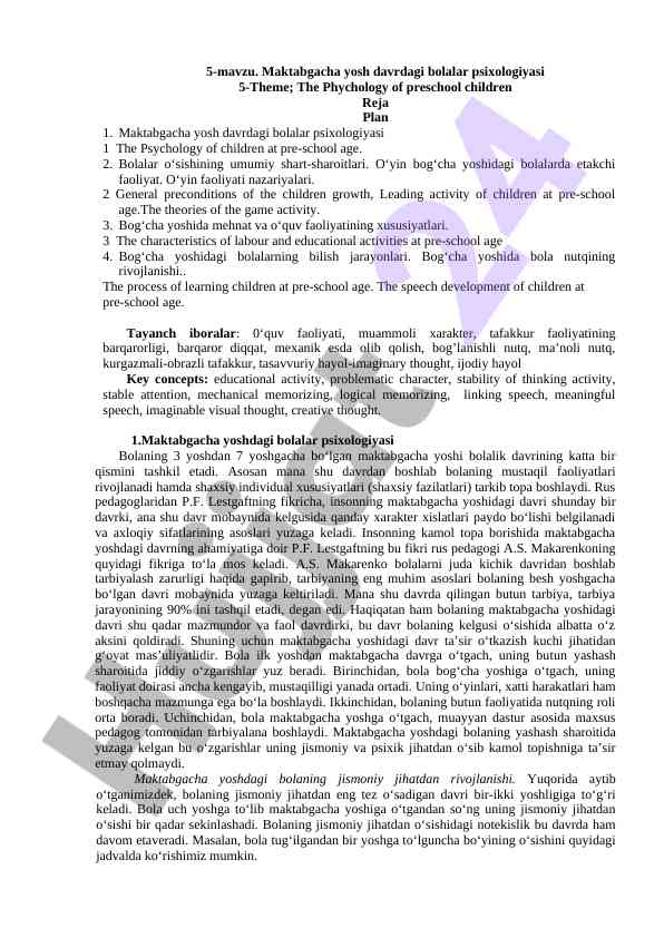 Maktabgacha yosh davrdagi bolalar psixologiyasi