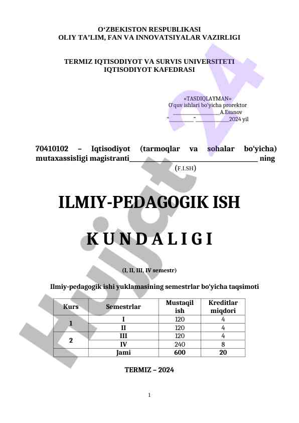 Ilmiy-pedagogik ish kun daliqi hisoboti