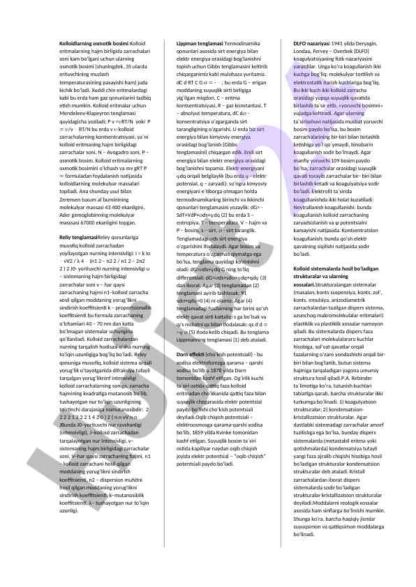 Kolloidlarning osmotik bosimi va molikulyar massalari