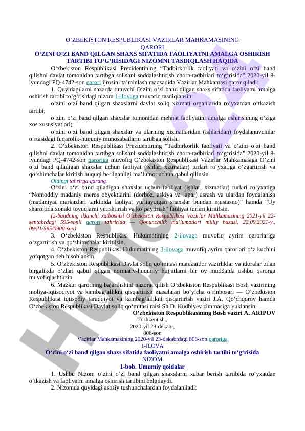 O‘zini o‘zi band qilgan shaxslar faoliyati nizomi