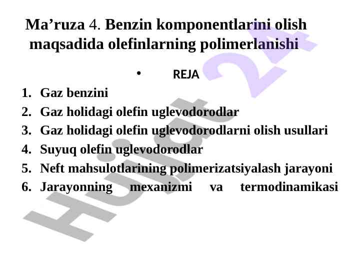 Benzin komponentlarini olish maqsadida olefinlar