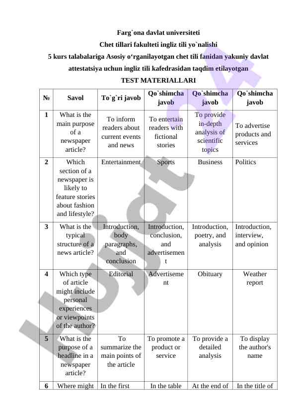 Ingliz tili fanidan davlat attestatsiya testi