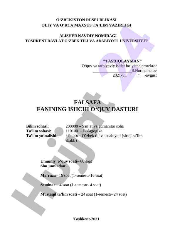 Falsafa fanining ishchi o‘quv dasturi