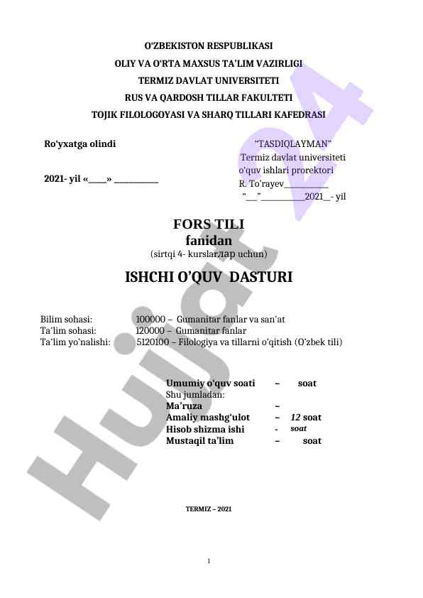 Ishchi o‘quv dasturi fors tili fanidan