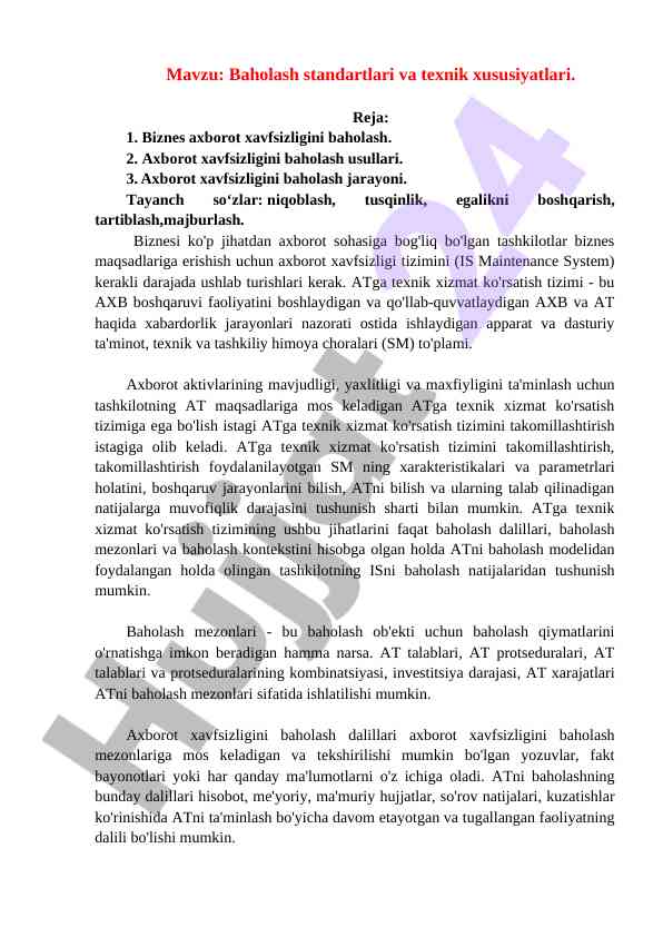Baholash standartlari va texnik xususiyatlari