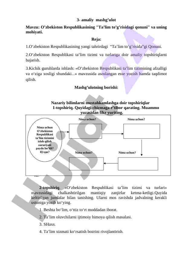 Amaliy mashg’ulot o‘zbekiston respublikasi ta’lim qonuni