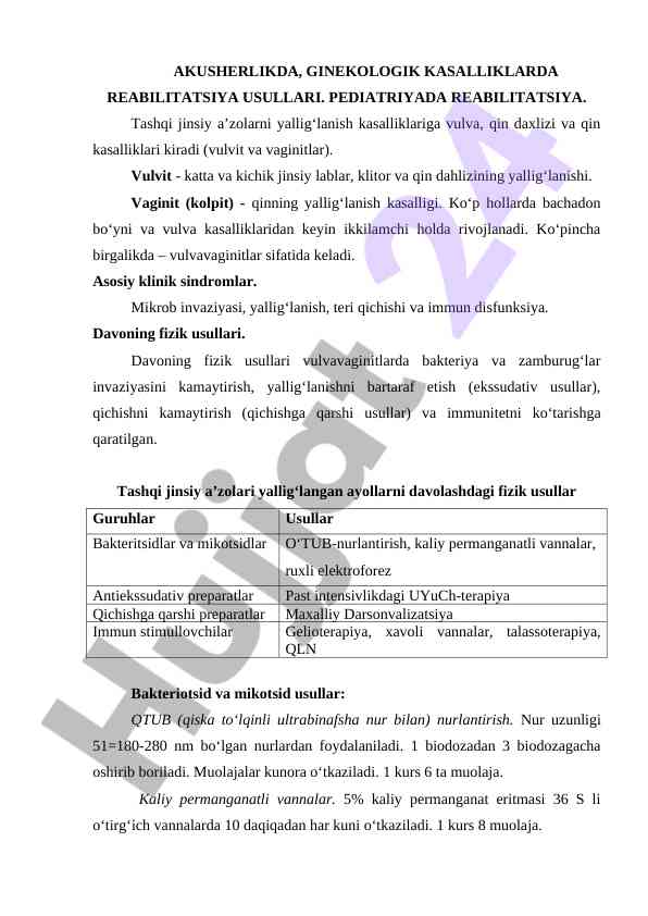 Reabilitatsiya usullari akusherlikda va ginekologiyada