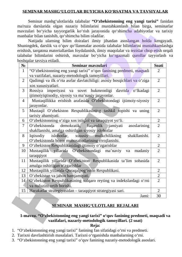 O‘zbekistonning eng yangi tarixi seminar rejasi