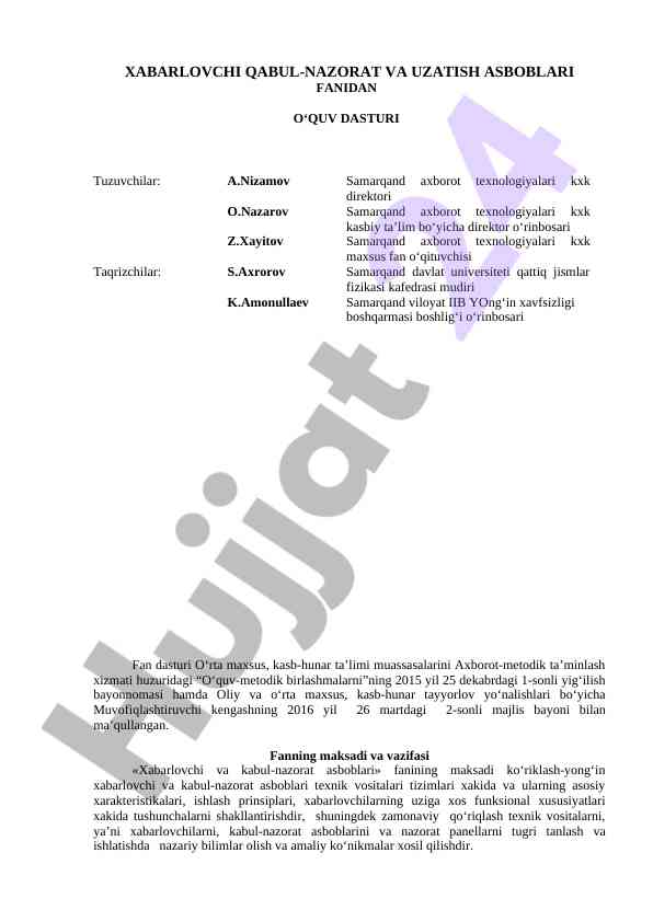 Xabarlovchi qabul-nazorat asboblari o‘quv dasturi