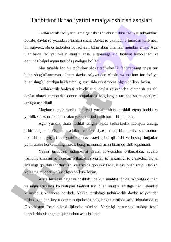 Tadbirkorlik faoliyatini amalda olish asoslari