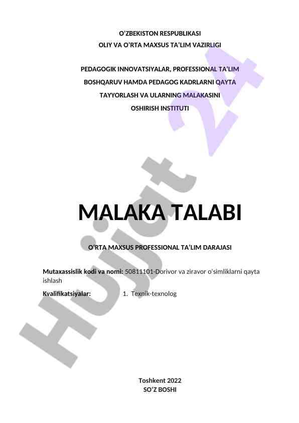 Dorivor va ziravor o‘simliklarni qayta ishlash malaka talabi