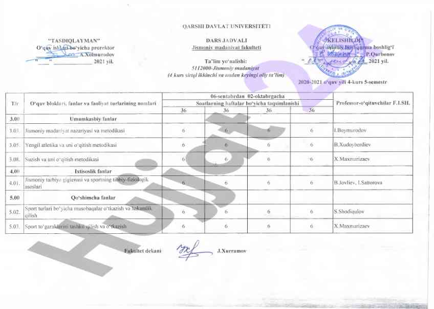 Jismoniy madaniyat fakulteti dars jadvali 2021