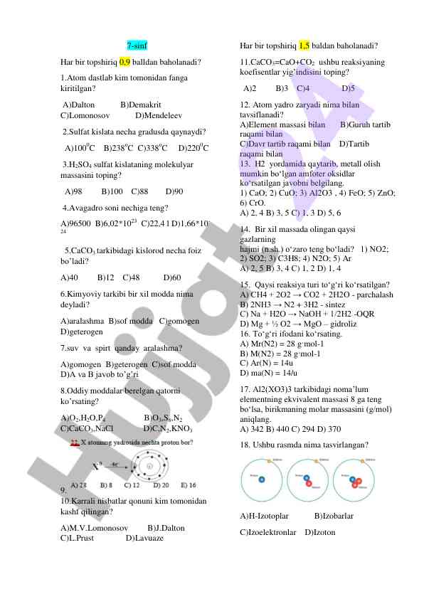 7-sinf kimyo test savollari bilan tanishing