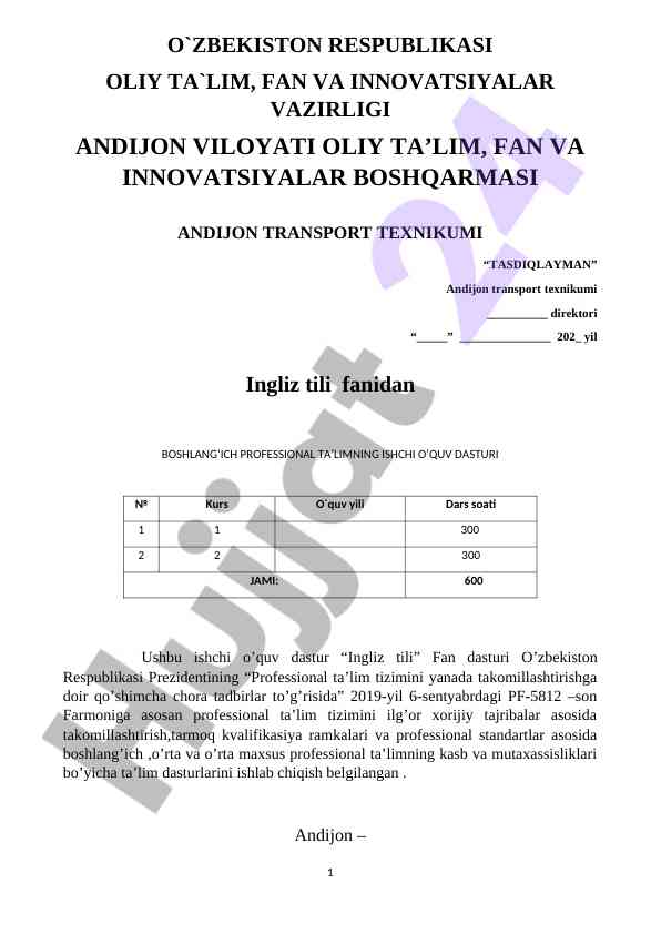 Ingliz tili fanidan boshlang‘ich professional ta’lim