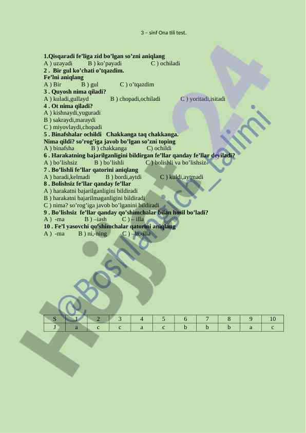 Ona tili test savollari 3-sinf uchun