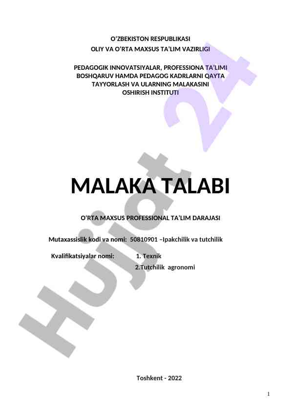 Ipakchilik va tutchilik ta'limi malaka talabi
