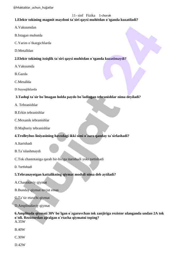 11-sinf fizika 1-chorak savollar