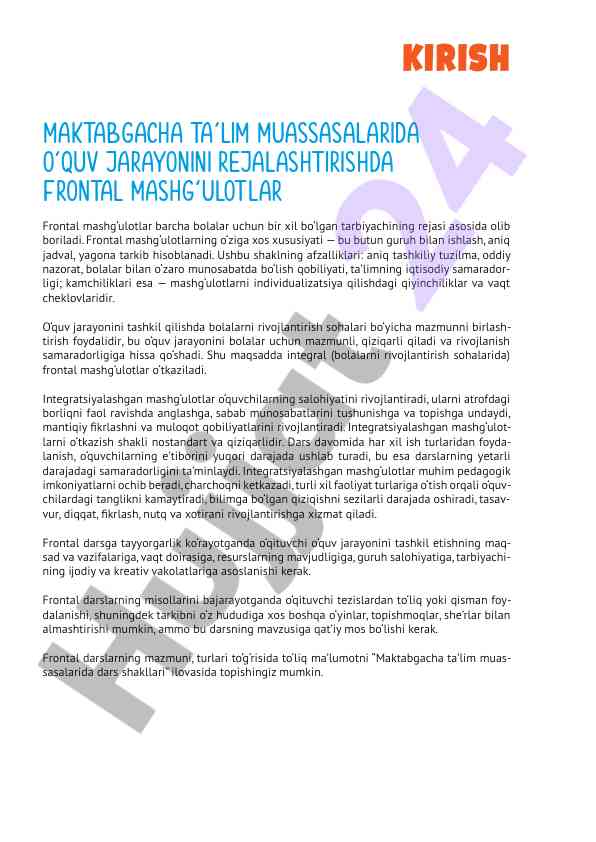 Rejalashtirishda frontal mashg‘ulotlarning ahammiyati