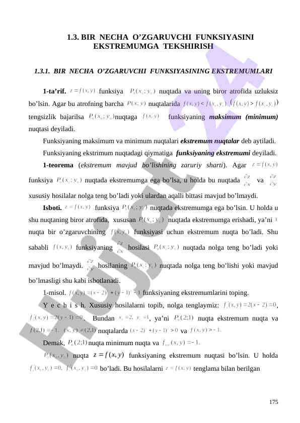 Bir necha o’zgaruvchi funktsiyasini ekstremumga tekshirish