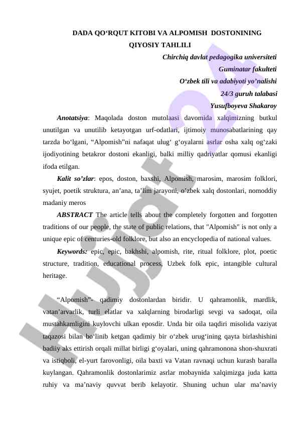 Dada qo‘rqut kitobi va alpomish dostonining qiyosiy tahlili