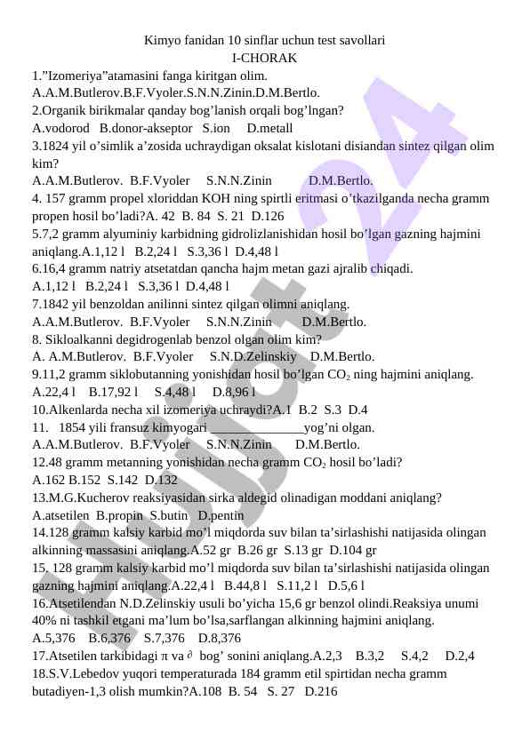 Kimyo fanidan 10 sinflar uchun test savollari
