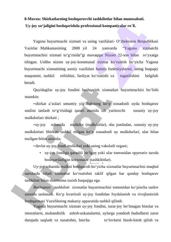 Shirketlar boshqaruvi va uy-joy xo‘jaligi