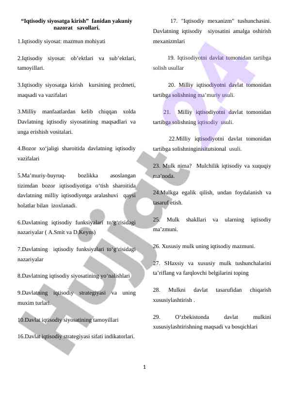 Iqtisodiy siyosatga kirish yakuniy nazorat savollari