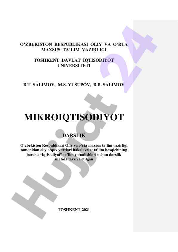 Mikroiqtisodiyot darslik iqtisodiyot ta'lim yo'nalishlari uchun