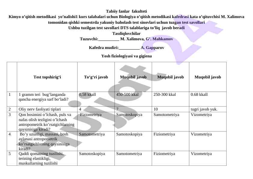 Biologiya o'qitish metodikasi test savollari