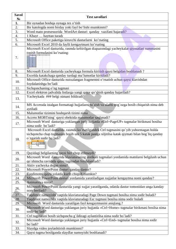 Microsoft office test savollari uchun o‘quv qo‘llanma