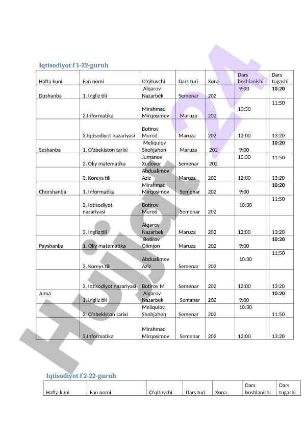 Iqtisodiyot fanining haftalik dars rejasi