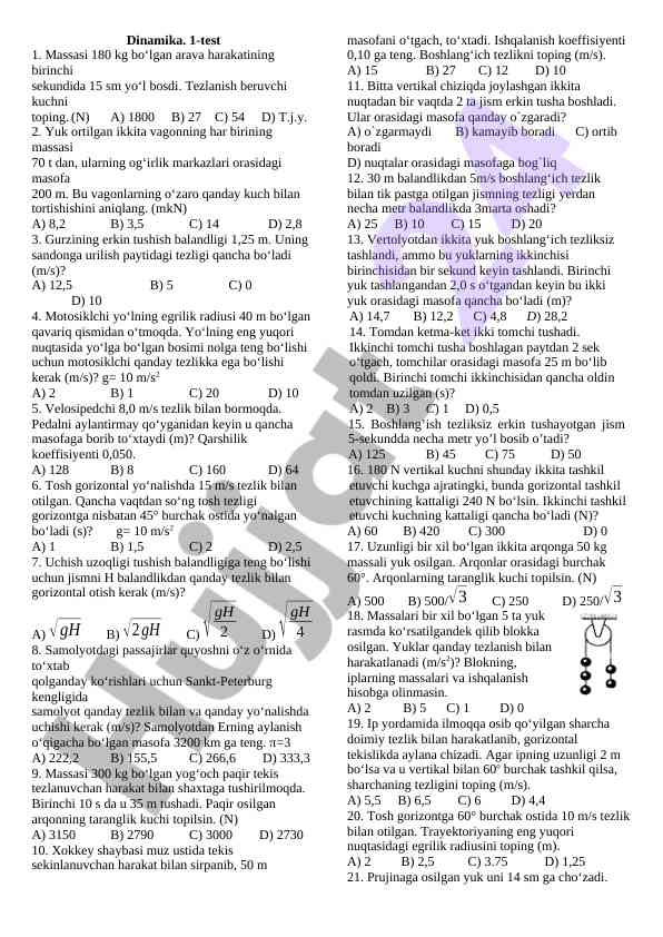 Mekhanika test savollari
