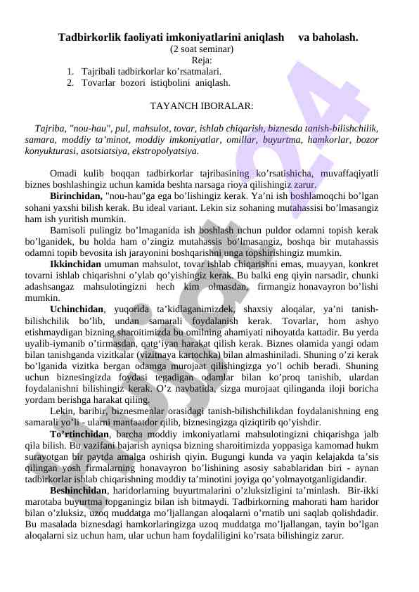 Tadbirkorlik faoliyatini aniqlash va baholash