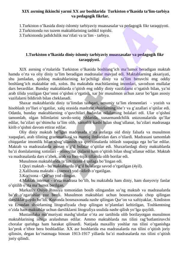 Turkiston o’lkasida ta’lim-tarbiya tarixi