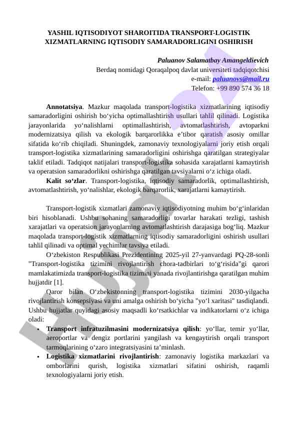 Yashil iqtisodiyot sharoitida transport-logistik xizmatlar