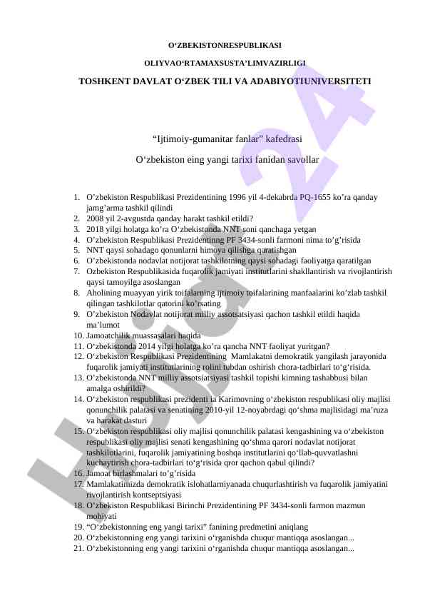 O'zbekiston tarixi fanidan savollar