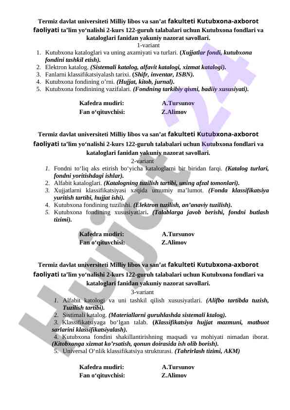 Kutubxona fondlari va kataloglari fanidan yakuniy nazorat
