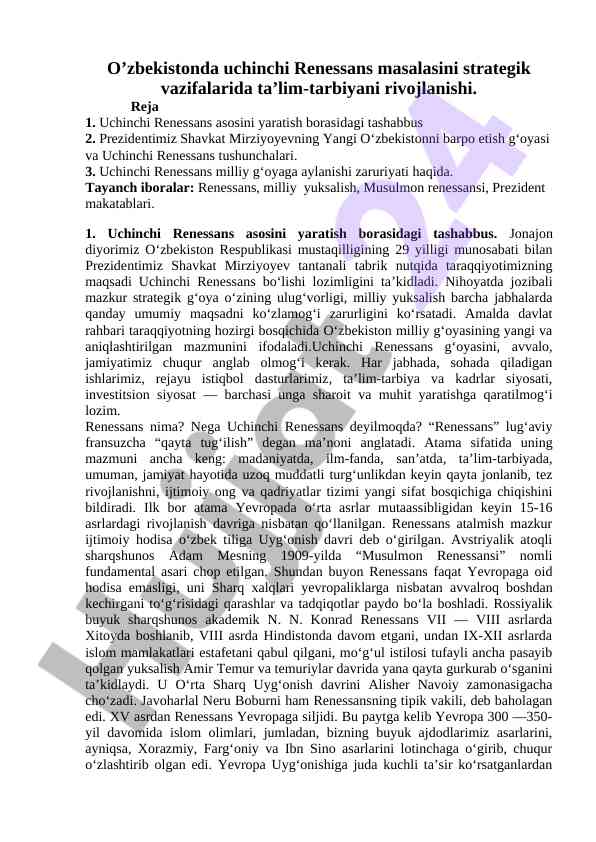 Uchinchi renessans masalalari va ta'lim rivoji