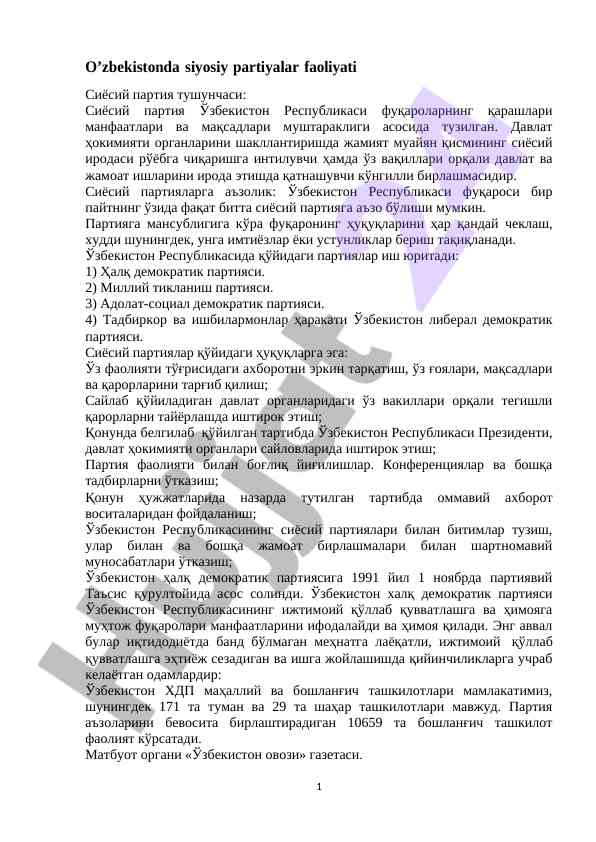 O'zbekistonda siyosiy partiyalar faoliyati