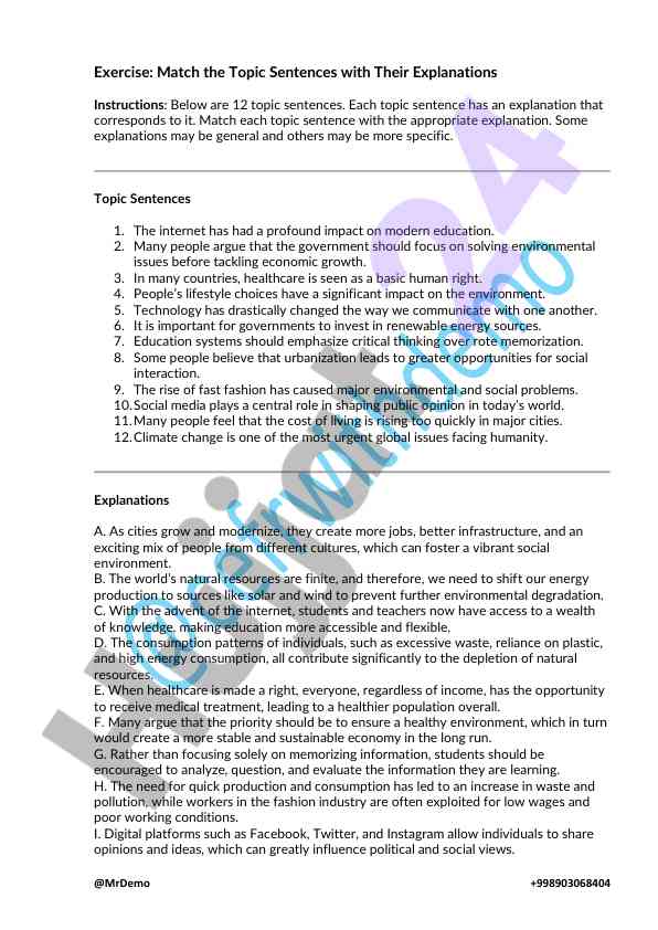 Matching topic sentences with explanations exercise