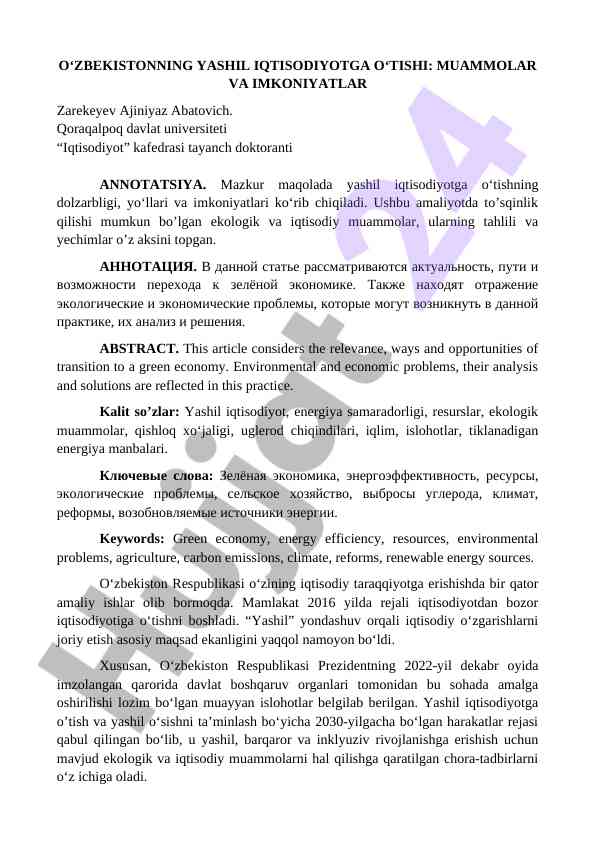 O‘zbekistonning yashil iqtisodiyotga o‘tishi muammolar va imkoniyatlar