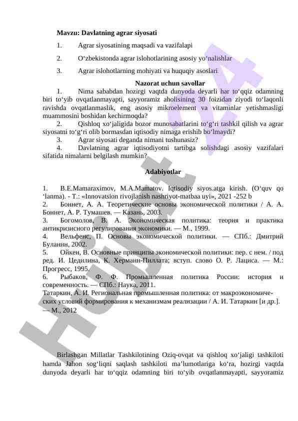 Davlatning agrar siyosati va iqtisodiy muammolar