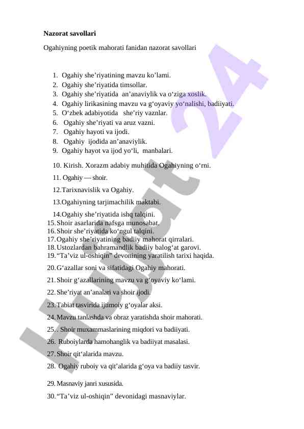 Ogahiyning poetika mahorati mavzulari