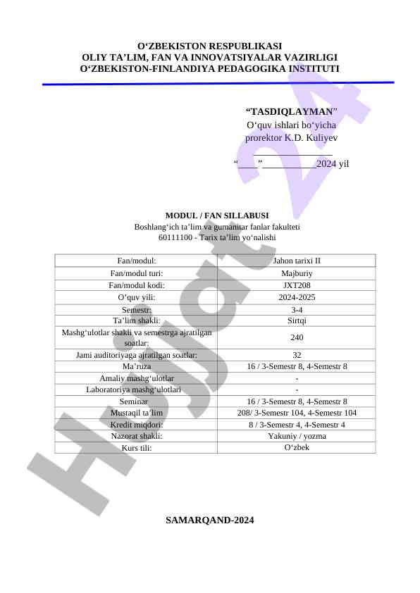 Jahon tarixi ii moduli sillabusi 2024-2025