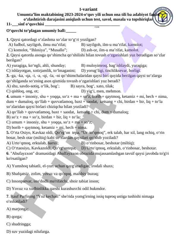 2023-2024 o‘quv yiliga test savollari