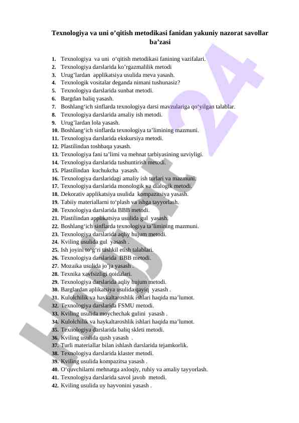 Texnologiya o‘qitish metodikasi bo‘yicha savollar