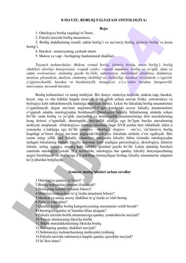 Borliq falsafasi ontologiya haqida ma'lumotlar