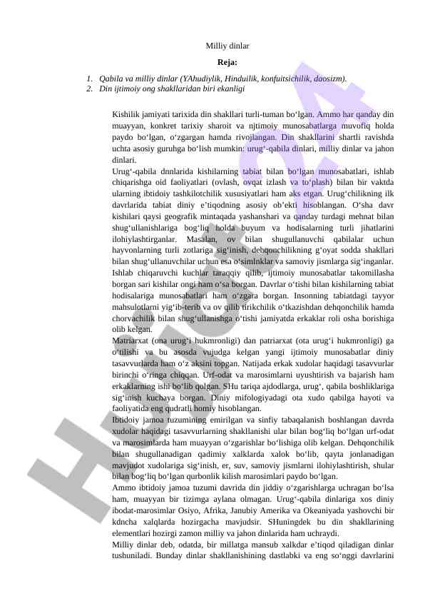 Milliy dinlar rejasi: qabila va milliy dinlar tahlili